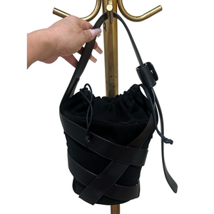 STAUD Black Canvas & Leather Cross Strap Drawstring Bucket Top Handle Bag